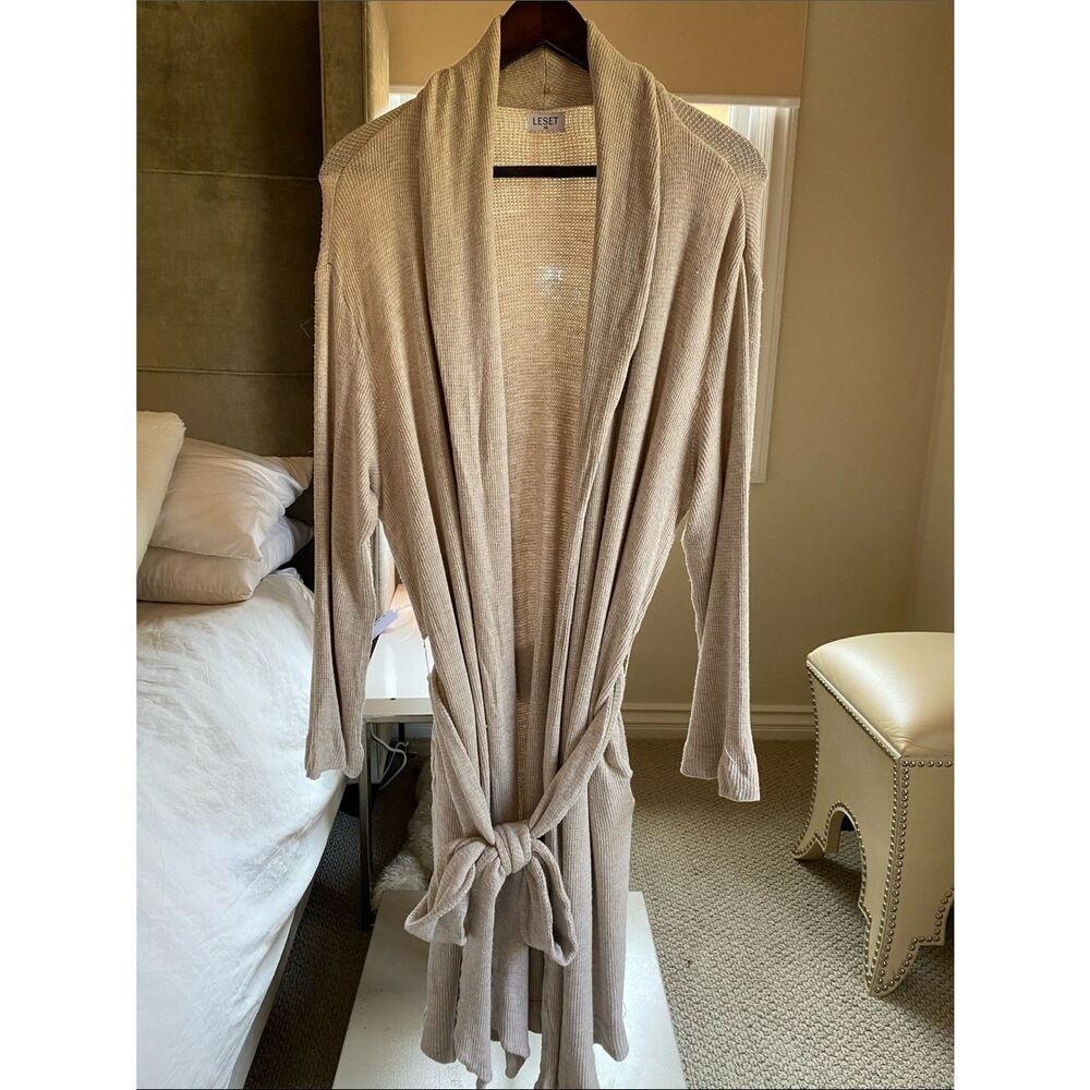 LESET Beige Ribbed Knit Robe 3 Piece Set with Self Tie